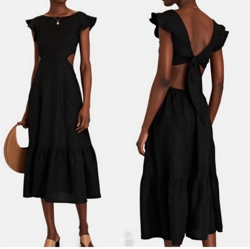 Jason Wu Open Back Linen Blend Tiered Hem Midi Sundress Black Flutter Sleeve L